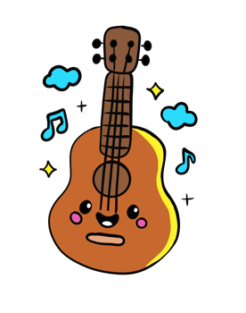 Happy mood cute cartoon guitar line art with musical notes. png