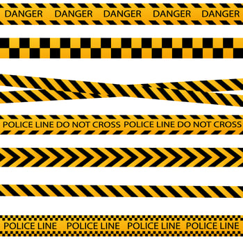 Black and yellow police stripe border, construction, danger caution seamless tapes set vector