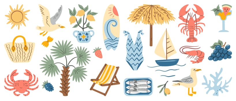 Summer icons including beach and sea elements vector