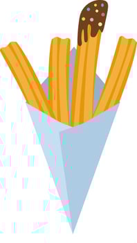 Churros dessert snack in a paper cone with chocolate topping. For fast food packaging, street food festival designs, snack themed prints vector