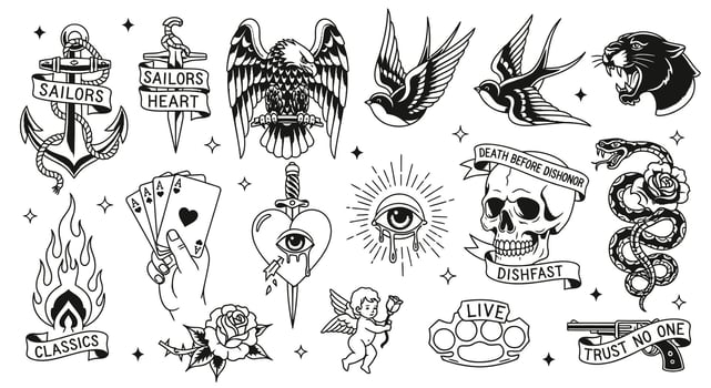 Tattoo flash set Old school design. vector