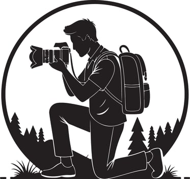 of Kneeling Photographer Holding Camera and Backpack vector