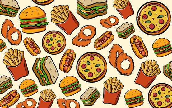 Seamless pattern of fast food icons including burger, pizza, sandwich, french fries, onion rings, and hot dog In cartoon style vector