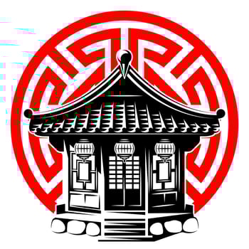 Traditional East Asian pagoda with ornate roof, paper lanterns and geometric red circle background in modern art style vector
