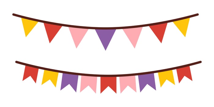 flat collection of festive flags and buntings in doodle cartoon style. Cute isolated set for birthday, party, celebration, or cheerful decoration. vector