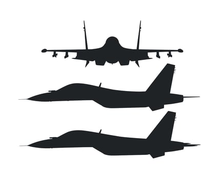 Three Different Views of a Fighter Jet Silhouette Black silhouettes fighter jet three different views top side and profile fighter jet military aircraft vector