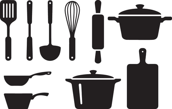 Set of kitchen utensils and cookware black and white silhouettes vector