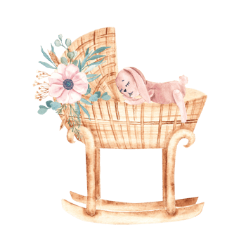 Watercolor illustration of Baby Girl cradle from rattan decorated with anemone bouquet with plush Bunny Toy. Hand drawn Crib in retro style. For newborn greeting or birthday cards, baby shower png
