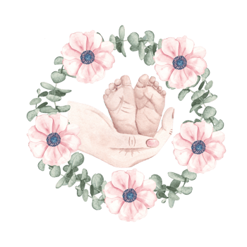 Baby shower watercolor composition. Newborn Baby feet in Mother Hands inside of anemone and eucalyptus wreath. Hand drawn illustration for gender reveal party, Mother's day cards and invitations. png