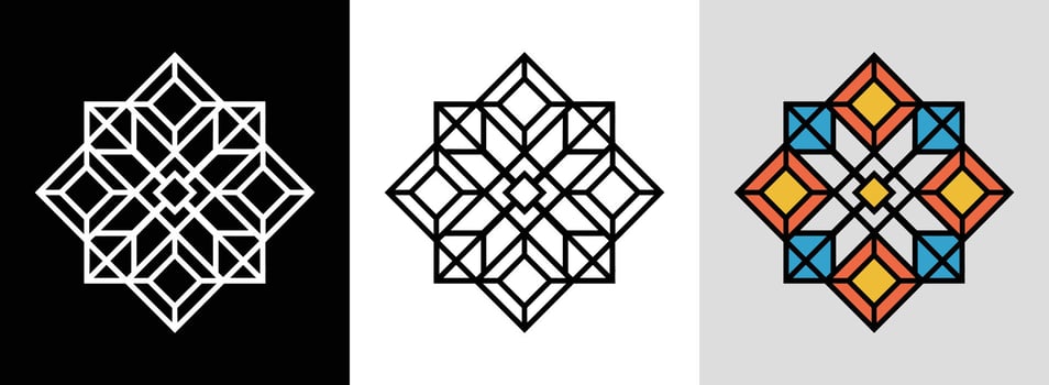 Three different geometric designs on black and white vector