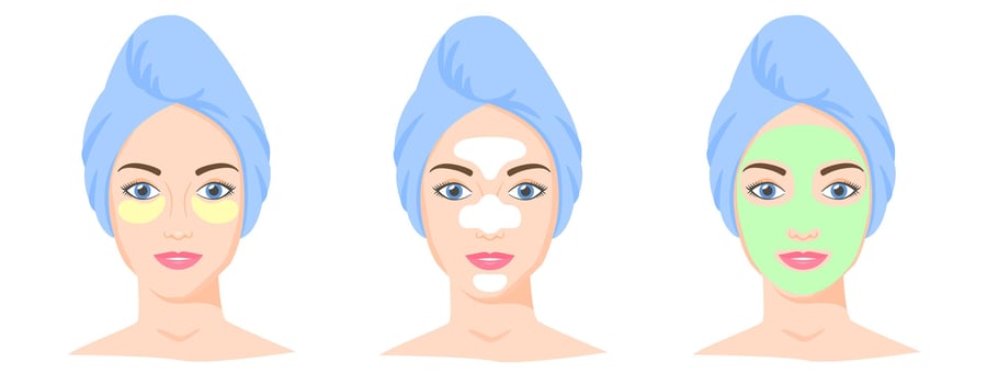 Different cosmetic products set. T-zone strips, clay or sheet mask, eye patches. Woman with towel on head. vector