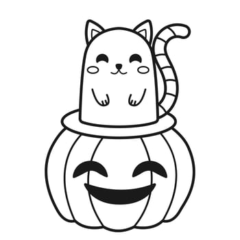 Cute cat and pumpkin. Coloring page. Halloween print. illustration vector