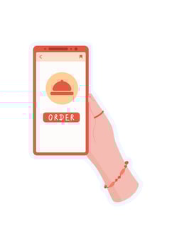 Sticker of hand holding phone. Illustration of mobile app with order button. Digital device concept, simple style, ideal for media, online commerce, or delivery services. vector