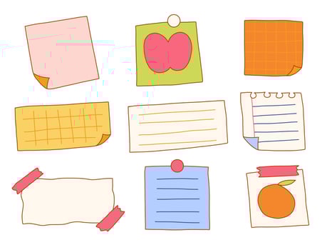 Doodle Style Memo Paper And Note. A playful collection of hand drawn note papers including sticky notes, taped sheets, grid pages, and torn edges. Perfect for planners, journals, and school projects vector