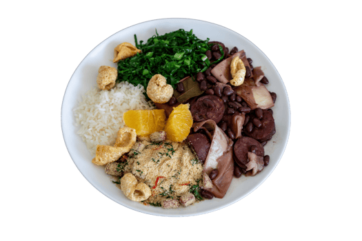 Traditional Brazilian feijoada on white round plate isolated on transparent background png