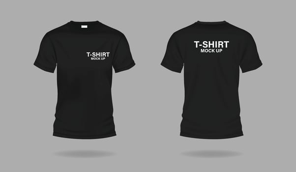 Black t-shirts with copy space realistic illustration set. Casual apparel with print mockup template 3d objects on grey background vector