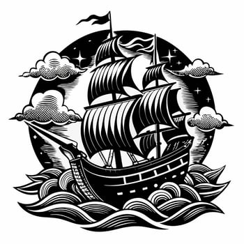 Vintage Pirate Ship Illustration in Black and White with Ocean Waves and Clouds vector