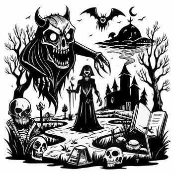 Haunted Landscape with Ghostly Apparition in Spooky Forest vector