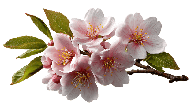 Delicate pink cherry blossoms with green leaves and buds on a branch isolated on transparent background png
