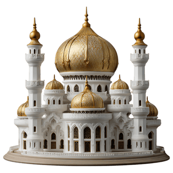 Magnificent white mosque with intricate golden domes and minarets isolated on transparent background png