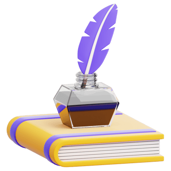 A vintage inkwell with a delicate feather quill rests atop a classic book, embodying the timeless artistry of words and storytelling png