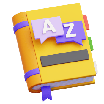 A 3D rendered illustration of a yellow dictionary book with alphabet letters A and Z on speech bubbles, signifying language learning or translation png