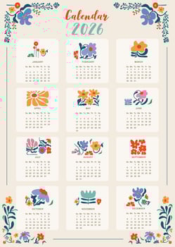 2026 monthly calendar week start on Sunday with flower that use for vertical digital and printable A4 A5 size vector