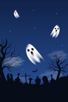 Horizontal Happy Halloween mockup card with ghosts, clouds, graveyard, bat on dark blue black background. Perfect for poster, banner, card and more. illustration in flat style vector