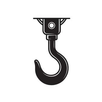 Overhead crane hook illustration in black and white vintage art silhouette for construction lifting and industrial applications. vector