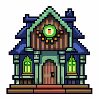 Pixel Art Haunted House with Spooky Windows and Halloween Decorations vector