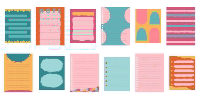 Vibrant color sticky paper notes for daily planner, hand drawn memo sheet stickers. Pins and paper clips, paper note, to-do list and reminder, blank diary pages set. pink green yellow. vector
