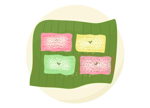 Getuk Lindri is an Indonesian dish made from grounded boiled cassava, mixed with grated coconut, sugar and sprinkled with food coloring. traditional sweet snack. vector