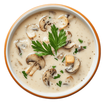 Creamy mushroom soup with fresh herbs and sliced mushrooms in ceramic bowl isolated on transparent background png