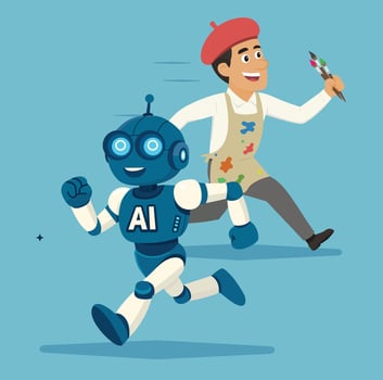 Smiling AI robot and cheerful artist with brushes are running together. Cartoon style. Creativity, technology, and collaboration between humans and machines. vector