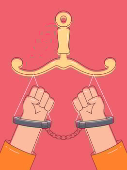 An illustration of justice concept showing handcuff hands under scale on pink background. The scene depicts the struggle for justice. vector