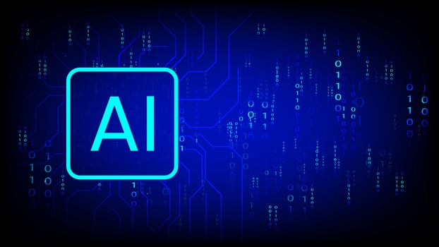 AI symbol glowing over a digital circuit background with binary code stream, representing artificial intelligence, data processing, and futuristic technology vector