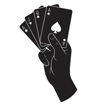 Black and white illustration of a hand holding playing cards of various suits vector