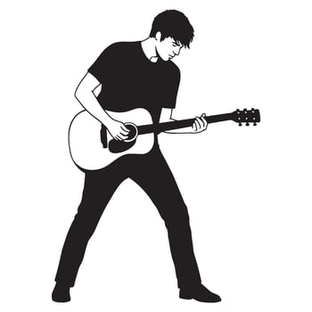 Young man playing acoustic guitar illustration black and white silhouette isolated vector