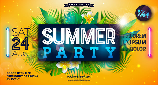 Summer Party Banner Design Template with Glowing Neon Light on Fluorescent Tropic Leaves Background. Summer Celebration Holiday Illustration for Flyer, Invitation or Celebration Poster. vector