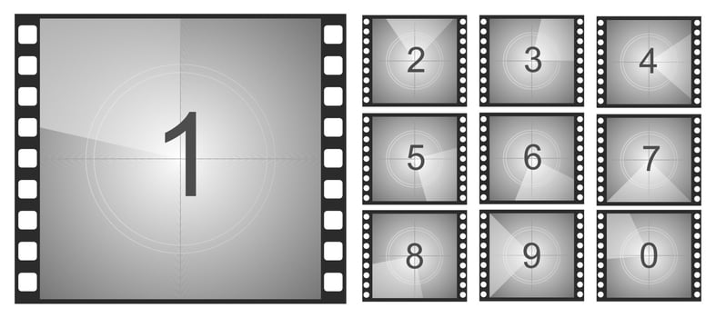 Countdown movie frame, film intro animation retro screen. Start Timer set, film strip border. Vintage counter. vector