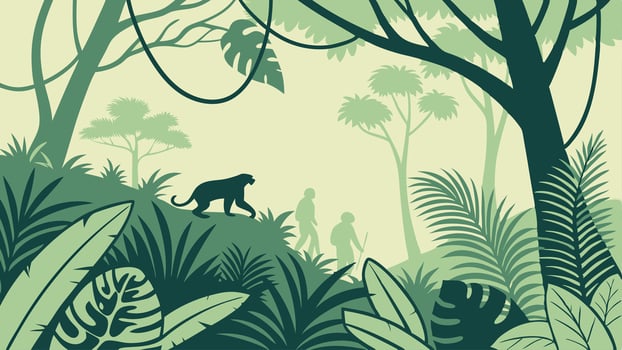 Two people walking in the jungle with a panther, surrounded by tropical vegetation vector