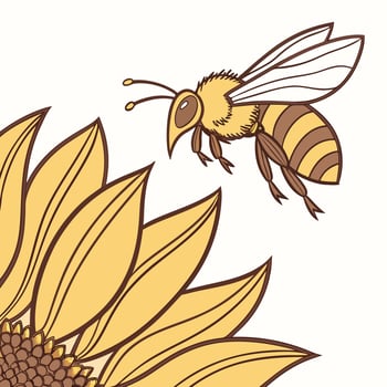 A bee flying near a sunflower, the bee has yellow and brown stripes vector