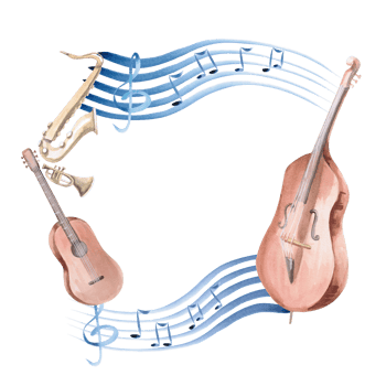 Frame with a musical staff and musical instruments. Isolated watercolor illustration for postcard design, interior, concert ticket printing, invitations, poster making. png