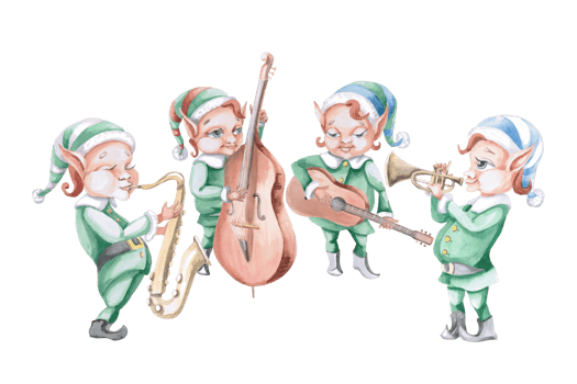 Jazz quartet of Christmas elves playing musical instruments. Isolated watercolor illustration for design of printed products, interior, invitations, posters, greetings. png