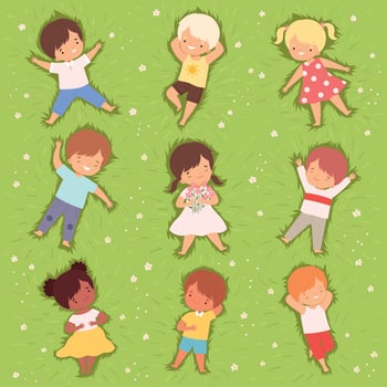 Happy Kids Lying Down on Green Lawn Set, Cute Smiling Children Having Fun Outdoors, View from Above Cartoon Illustration vector