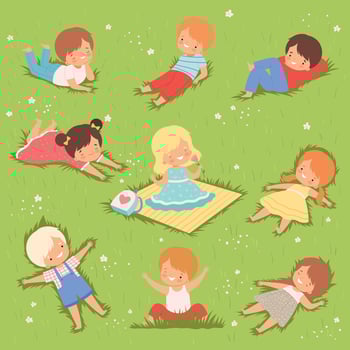 Happy Kids Lying Down on Green Lawn Set, Cute Boys and Girls Having Fun Outdoors Cartoon Illustration vector