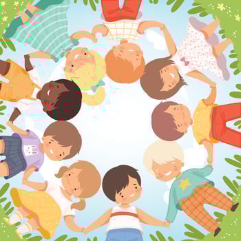 Top View of Cute Happy Kids Lying on Lawn in Circle, Little Smiling Friends Holding Hands Cartoon Illustration vector