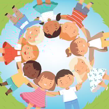 Cute Happy Kids Lying on Lawn in Circle, Adorable Children Holding Hands, Top View, Friendship Concept Cartoon Illustration vector