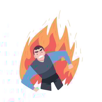 Furious Businessman in Flame, Burning Fury, Rage, Stress, Burnout, Emotional Problems Cartoon Style Illustration vector