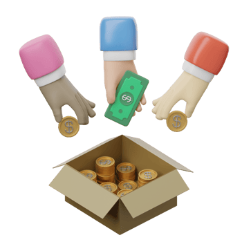 Three hands holding money and a box with coins png